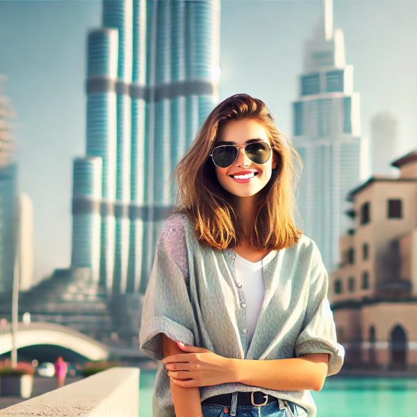 cabin crew girl next to Burj Khalifa in Dubai
